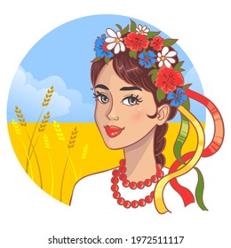 Girl in traditional Ukrainian clothes on the background with wheat field, eps10, vector image