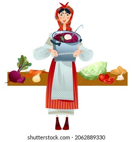 Girl in a traditional Ukrainian costume holds a pot with Borscht soup in her hand. Vector illustration. 
