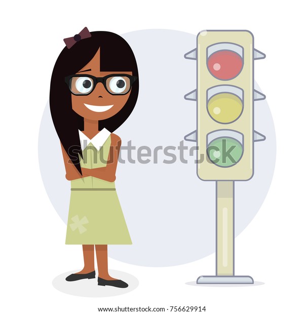 Girl and traffic light. Cartoon character\
vector illustration.