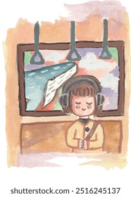 A girl in the train with headphone and fish painting at her back watercolour illustration 