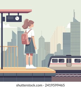 Girl Train Railway platform Trip City Transport