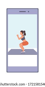 A girl trainer is doing sport in a mobile phone application. Vector flat illustration of fitness workout, training, sports activity, the gym at home by the application or online platform, program