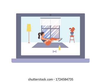 A girl trainer is doing sport on a laptop screen. Vector flat illustration of fitness workout, training, sports activity, the gym at home by the online platform, program, live video