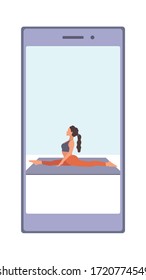 A girl trainer is doing stretching in a mobile phone application. Vector flat illustration of gymnastics workout, training, sports activity, gym at home by the application or online platform, program