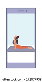 A girl trainer is doing yoga and stretching in a mobile phone application. Vector flat illustration of fitness workout, sports activity, the gym at home by the application or online platform, program