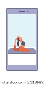 A girl trainer is doing yoga and stretching in a mobile phone application. Vector flat illustration of fitness workout, sports activity, the gym at home by the application or online platform, program