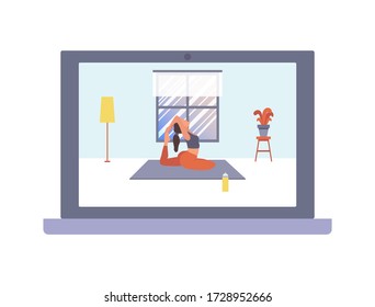 A girl trainer is doing yoga, stretching on a laptop screen. Vector flat illustration of workout, training, sports activity, the gym at home by the online platform, program, live video