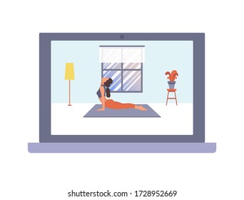 A girl trainer is doing yoga, stretching on a laptop screen. Vector flat illustration of workout, training, sports activity, the gym at home by the online platform, program, live video