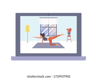A girl trainer is doing yoga, stretching on a laptop screen. Vector flat illustration of workout, training, sports activity, the gym at home by the online platform, program, live video