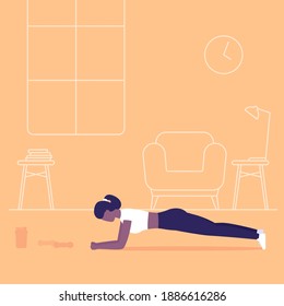 girl training abs, plank exercise, workout at home