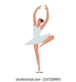 Girl Training in Ballet School. Happy Young Woman in Tutu and Pointe Shoes Stand in Position with Raised Arms and One Leg. Female Character Practicing Dance. Cartoon People Vector Illustration