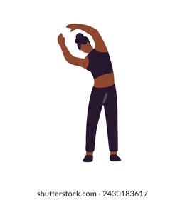 Girl training, does aerobics, gymnastics, fitness. Woman in sportswear stretching. Athlete practices exercise, workout. Person cares about body, does sport. Flat isolated vector illustration on white