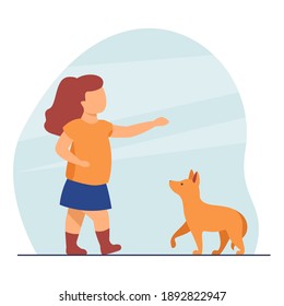 Girl training dog. Child playing with pet, giving treat. Flat vector illustration. Domestic animals, childhood, friends, fun concept for banner, website design or landing web page