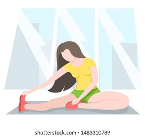 Girl is training in the fitness room, doing stretching muscles. Cartoon Flat Vector Illustration