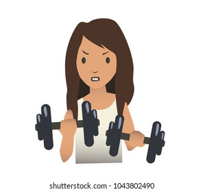 Girl is training with heavy dumbbells. Vector illustration, isolated on white background.