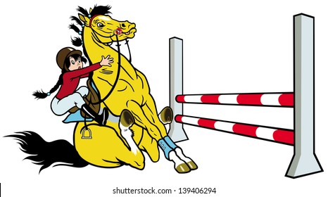 girl training jumping horse,equestrian sport,cartoon picture isolated on white background,children illustration