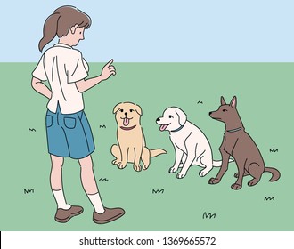 A girl is training three dogs. hand drawn style vector design illustrations. 