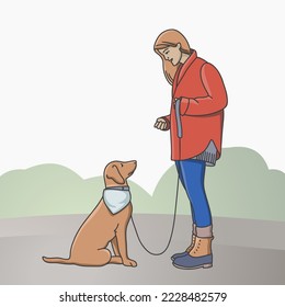 Girl trains dog on leash. Dog wants walk. Training