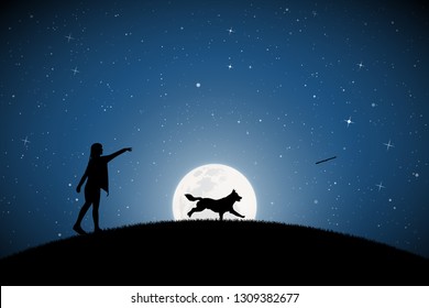 Girl trains dog on moonlit night. Vector illustration with silhouettes of woman and running pet in park. Full moon in starry sky