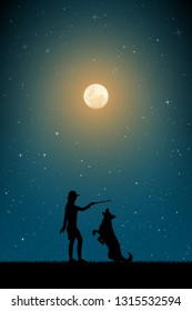 Girl trains dog on moonlit night. Vector illustration with silhouettes of woman and pet in park. Full moon in starry sky