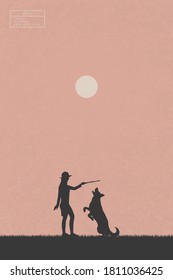 Girl trains dog in park. Black silhouettes of woman and animal on grass. White sun on peachy texture background. Vector illustration for use in polygraphy, design