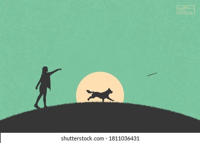 Niña entrena perro en el parque. Siluetas negras de mujer y mascota corriendo en una colina de hierba. Sol amarillo sobre fondo de textura verde. Ilustración vectorial para uso en poligrafía, textil, diseño