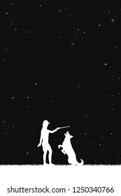 Girl trains dog in park at night. Vector illustration with silhouettes of woman and pet under starry sky. Inverted black and white