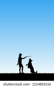Girl trains dog in park. Vector illustration with silhouettes of woman and pet. Blue pastel background