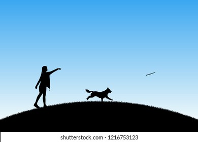 Girl trains dog in park. Vector illustration with silhouettes of woman and running pet. Blue pastel background