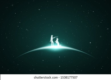 Girl trains dog in space. Vector conceptual illustration with white silhouettes of woman and pet. Emerald abstract background with stars and glowing outline