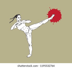 Girl trains kick, kickboxer icon , hand drawn doodle, sketch black and white outline vector illustration, red target paint splash on soft brown background