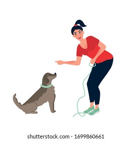 A girl trains a Labrador. The command for the dog to sit still. Caring and caring for a puppy. Vector illustration