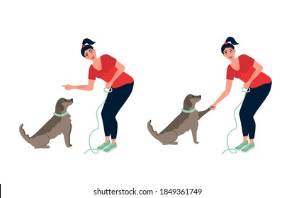 A girl trains a Labrador. Concept of animal training. Tell the dog to sit still. Caring and caring for a puppy. Vector illustration