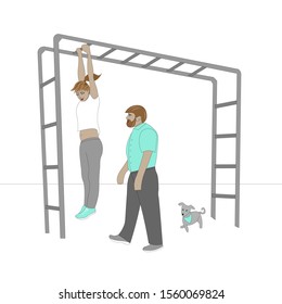 Girl trains on the sports ladder.  Man is ready to help her. Dog watches in surprise.
