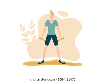 girl trains in sports uniform, flat vector illustration of sports girl