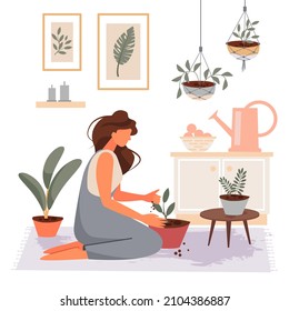 The girl transplants plants at home. Gardening concept. Cute vector illustration.