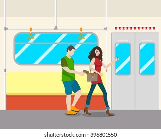 The girl in the transport was distracted by a phone call and a thief stole a purse. Vector illustration