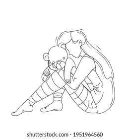 Girl With Trauma Embracing Teddy Bear Toy Black Line Pencil Drawing Vector. Depressed Young Woman Painful Trauma Sitting On Floor, Lady Feeling Pain. Sad Stressed Character Crying Emotion Illustration