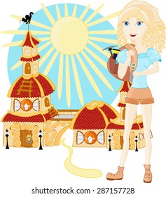 Girl with travel bag and cartoon castle