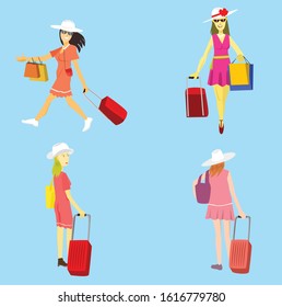Girl with travel bag collection. Vector illustration.