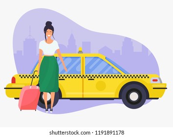 Girl with travel bag get a taxi.  Travel and tourism. Flat design modern vector illustration concept.