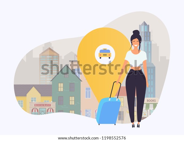 Girl with travel bag get a\
taxi.  Travel and tourism. Flat design modern vector illustration\
concept.