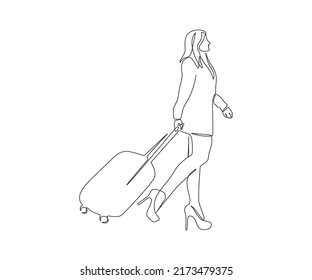 A Girl Travel One Line Art Illustration, Black And White , Victor Art , Stock Photo , People One Line Art 