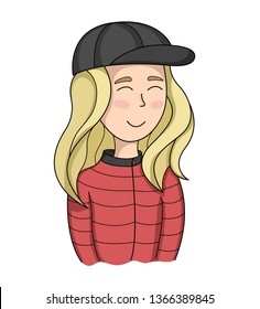 girl traveler in a cap and a red jacket