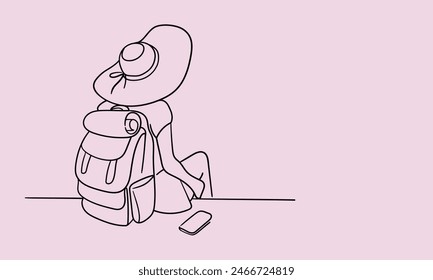 Girl traveler sitting in a hat with a backpack line art. Adventure continuous line art drawing isolated on pink background. Vector illustration