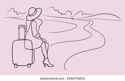 Girl traveler sitting in a hat with a backpack line art. Adventure continuous line art drawing isolated on pink background. Vector illustration