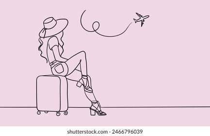 Girl traveler sitting in a hat with a backpack line art. Adventure continuous line art drawing isolated on pink background. Vector illustration