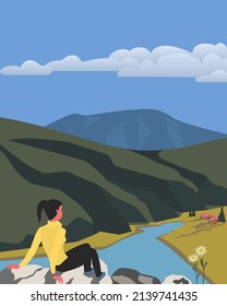 Girl traveler sitting cliff looking at mountain valley from height  Nature trips  discovery  hiking  adventure tourism female travel  Green mounts scenic view flat vector illustration background