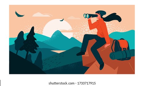 The girl traveler sitting on top of a cliff, looking at the valley in a binoculars from a height. Nature trips, discovery, hiking, adventure tourism and travel. Creative flat vector illustration.