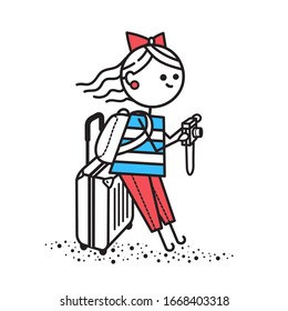 Girl traveler in striped t-shirt came to new country. Girl stands with suitcases and photographs attractions of city. Girl with backpack crouched on suitcase and photographs city. Summer vacation.